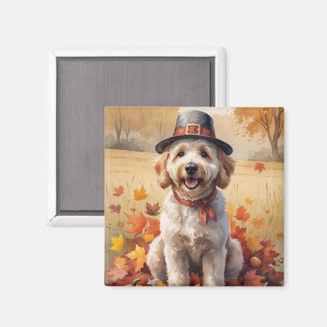 Aimant Goldendoodle dans les feuilles d'automne, l'art de (Recto/Verso)
