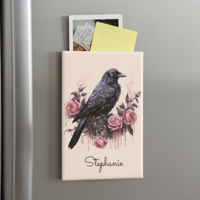 Aimant Gothic Crow Floral Dark Academia (Personalized black raven with roses magnet)