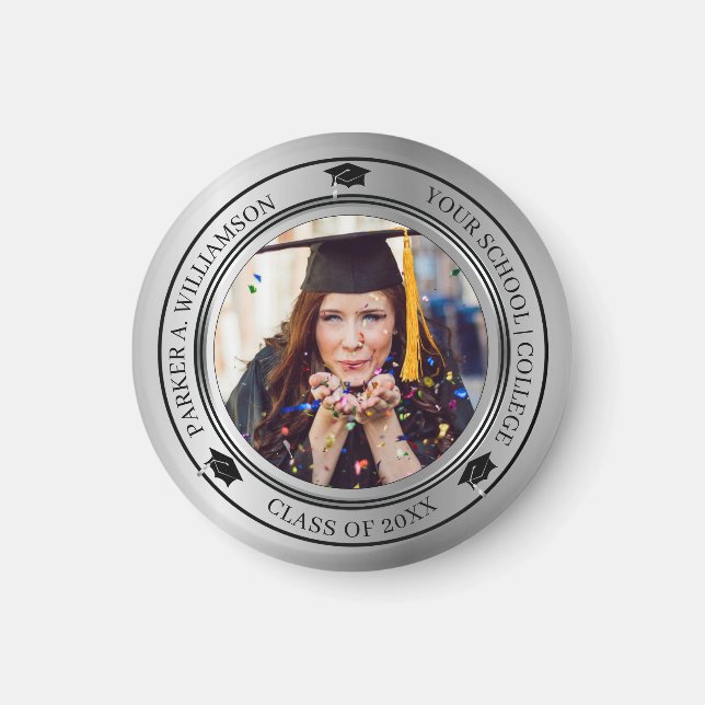 Aimant Graduation Photo Silver Tone Grad Classe Casquette (Devant)
