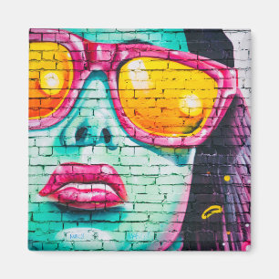 Aimant Graffiti girl street art pop rose turquoise jaune