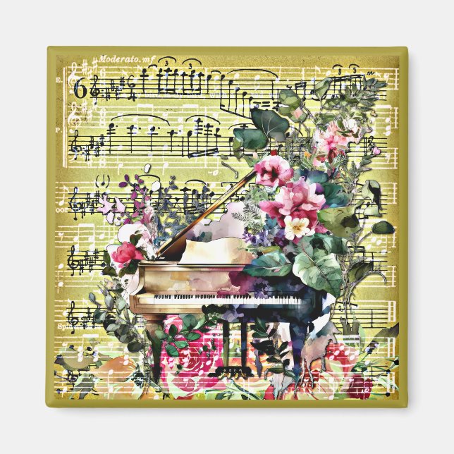 Aimant Grand Piano vintage et design floral (Devant)