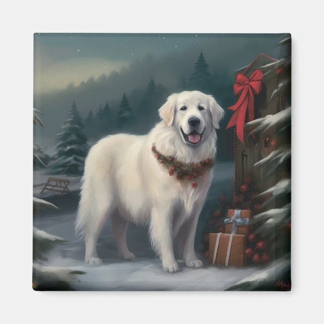 Aimant Grande Pyrénées Chien dans la neige de Noël (Devant)