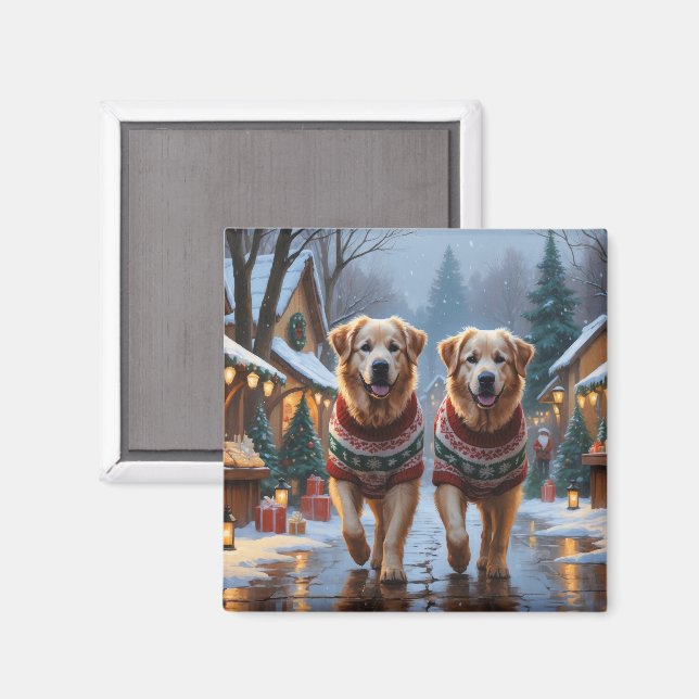 Aimant Grands chiens des Pyrénées Noël Neige Vacances  (Recto/Verso)