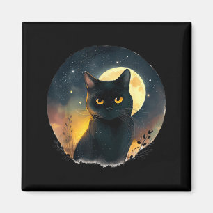 Aimant Graphisme d'art cool chat noir avec lune