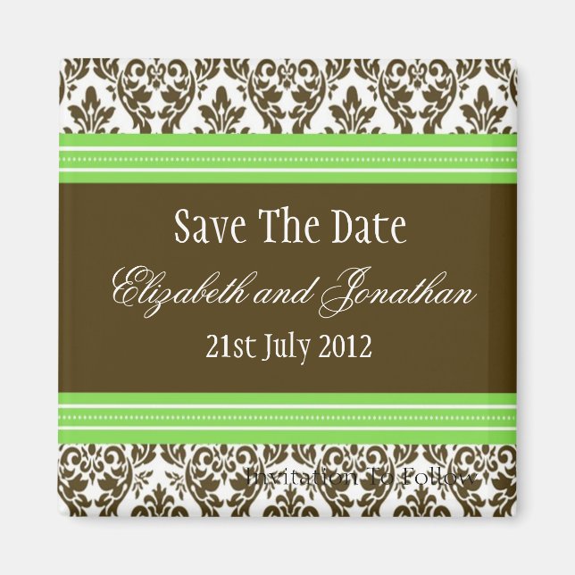 Aimant Green Brown Mariage damassé Enregistrer la date (Devant)
