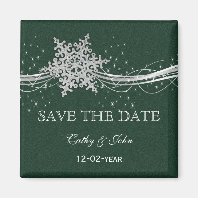 Aimant Green Silver Snowflakes Winter save Date (Devant)