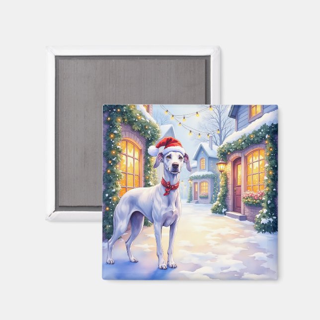 Aimant Greyhound Snowy Village Santa Hat Christmas Art (Recto/Verso)
