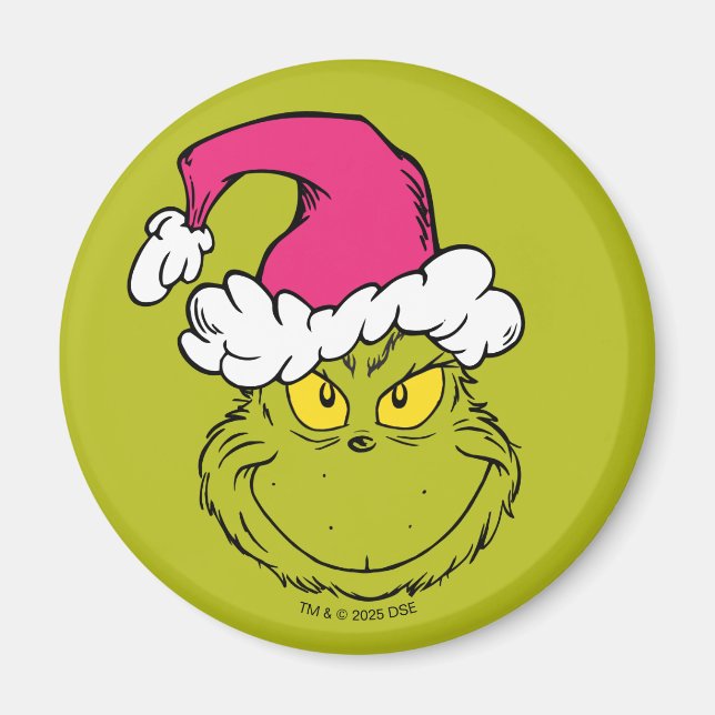 Aimant Grinch avec un chapeau de Père Noël rose (Devant)