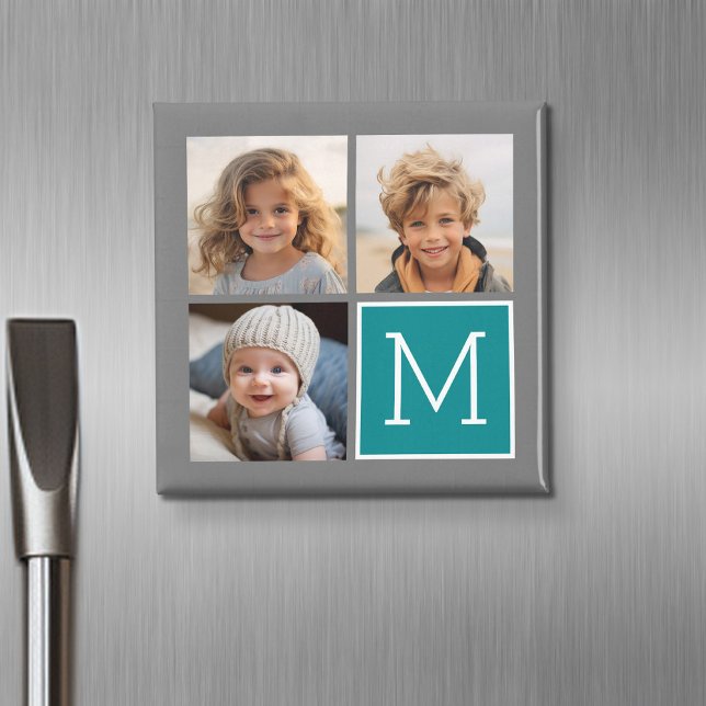Aimant Gris et sarcelle - Monogramme de collage de photos (Personalized fridge magnet with photos and custom text)