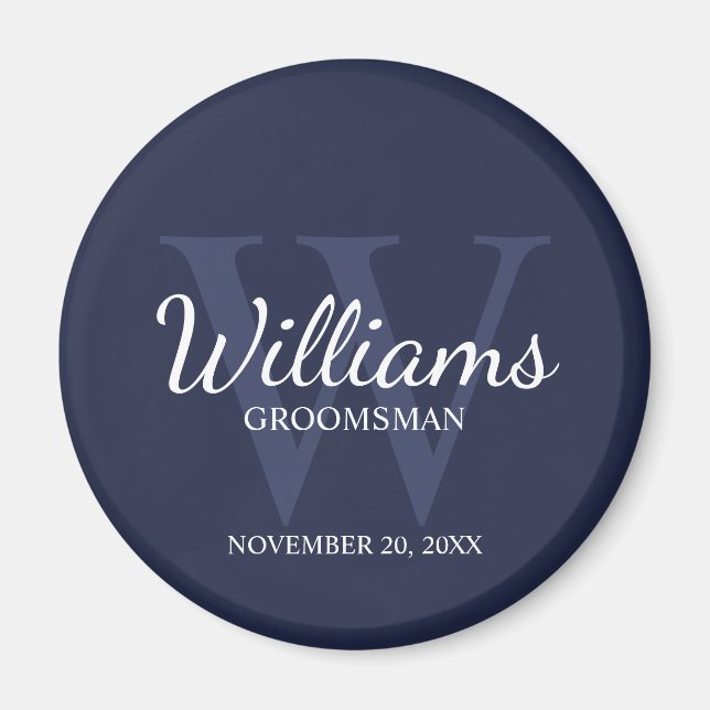 Aimant Groomsmen Script Personnalisé Marine Nom&Monogramm (Devant)