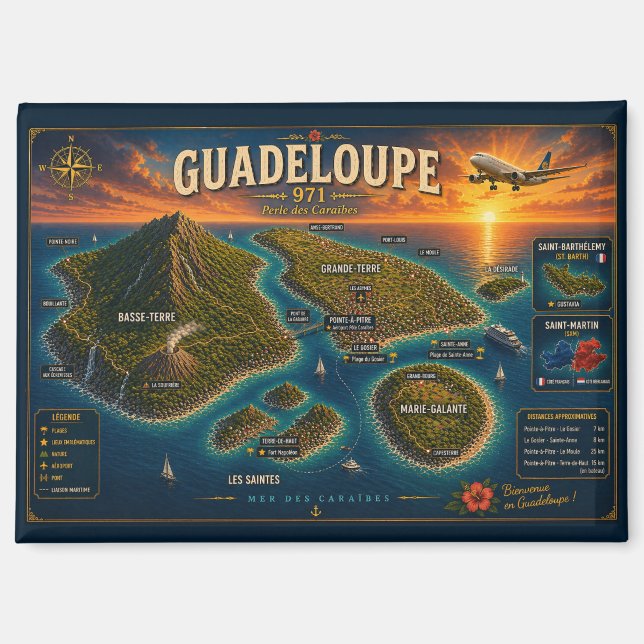 Aimant Guadeloupe 971 Vintage Travel Map (Recto)