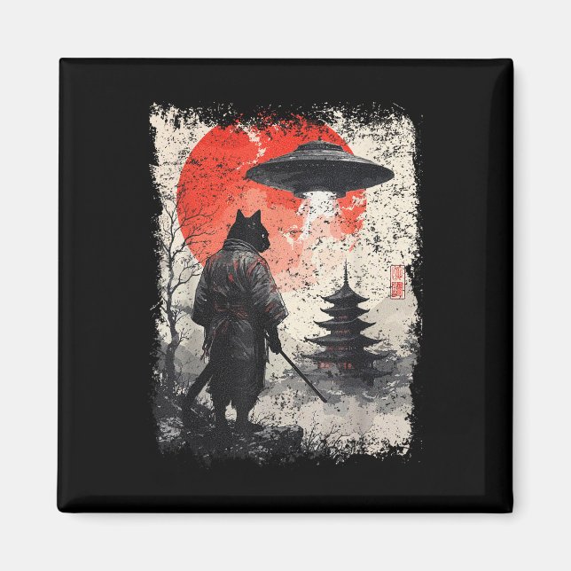 Aimant Guerrier de chat ninja samouraï Sumi-e Ufo Ukiyo-e (Devant)