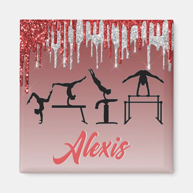 Aimant Gymnastique rouge et argent Parties scintillant Om (Devant)