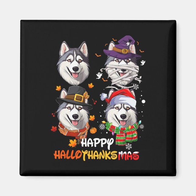 Aimant Hallothanksmas de chien Husky Halloween Thanksgivi (Devant)