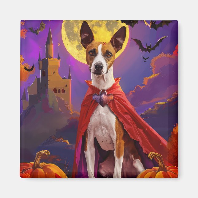 Aimant Halloween Basenji Chien Citrouille peur (Devant)
