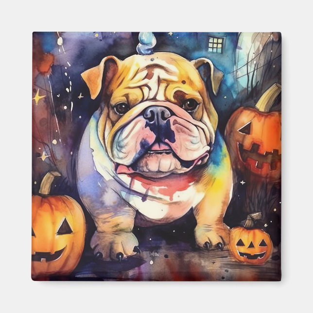 Aimant Halloween Bulldog avec la peur Citrouille (Devant)