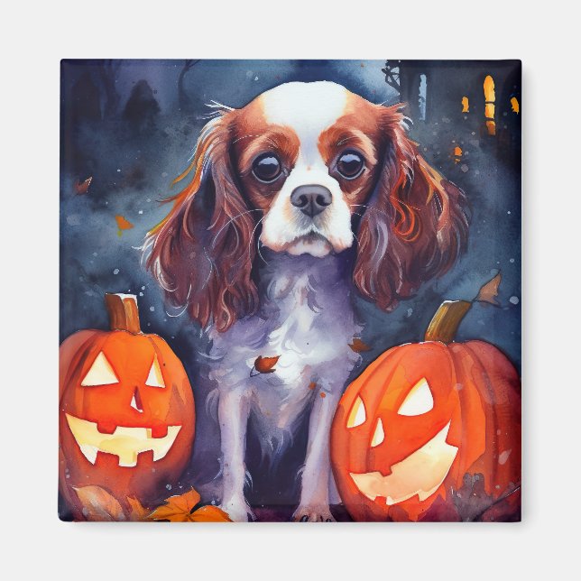 Aimant Halloween Cavalier King Charles Citrouille espagno (Devant)