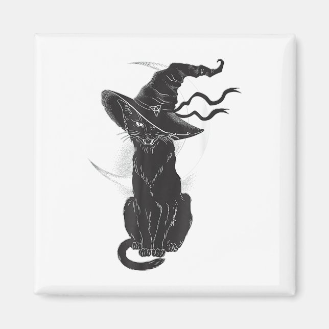 Aimant Halloween Chat Noir Sorcière Casquette Lune (Devant)
