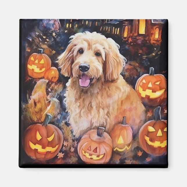 Aimant Halloween Goldendoodle avec la peur Citrouille (Devant)