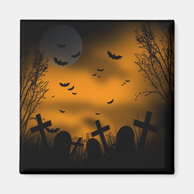 Aimant Halloween Graveyard avec chauves-souris et pierres (Devant)