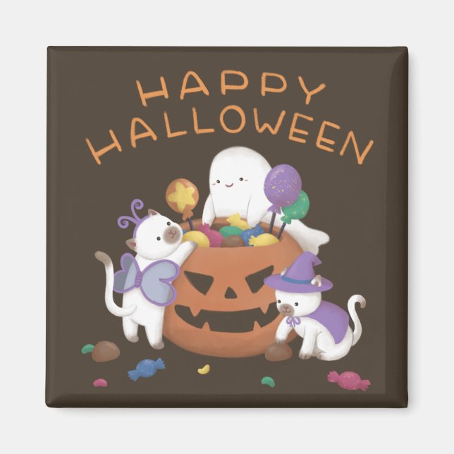 Aimant Halloween heureux : Chats et fantômes (Devant)