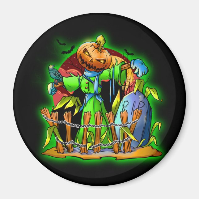 Aimant Halloween Lady Scarecrow Citrouille Head RIP Bats (Devant)