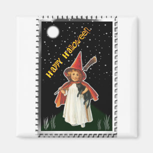 Aimant Halloween - Little Girl with Broom and Black Cat