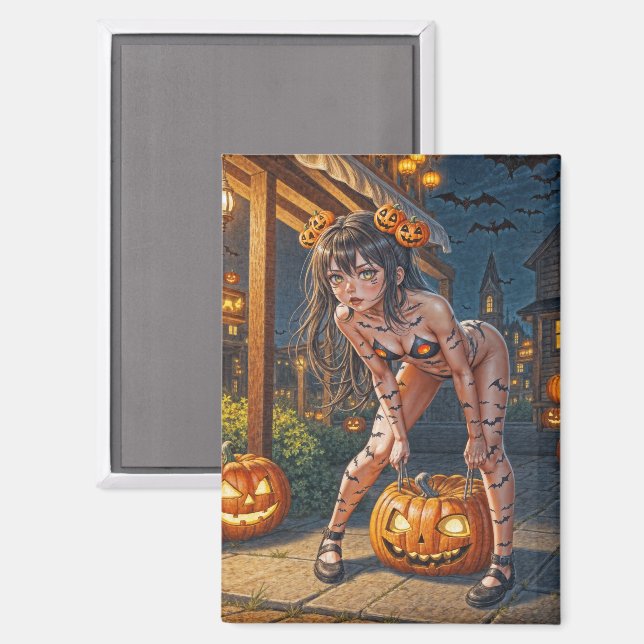Aimant Halloween Monster Jack-o-Lantern & Bat Vixen Girl (Recto/Verso)
