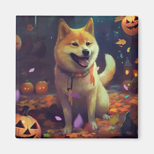 Aimant Halloween Shiba Inu Avec La Peur Citrouille (Devant)