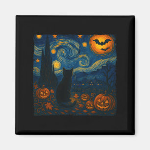 Aimant Halloween Van Gogh Nuit Étoilée Chat Noir Citrouil