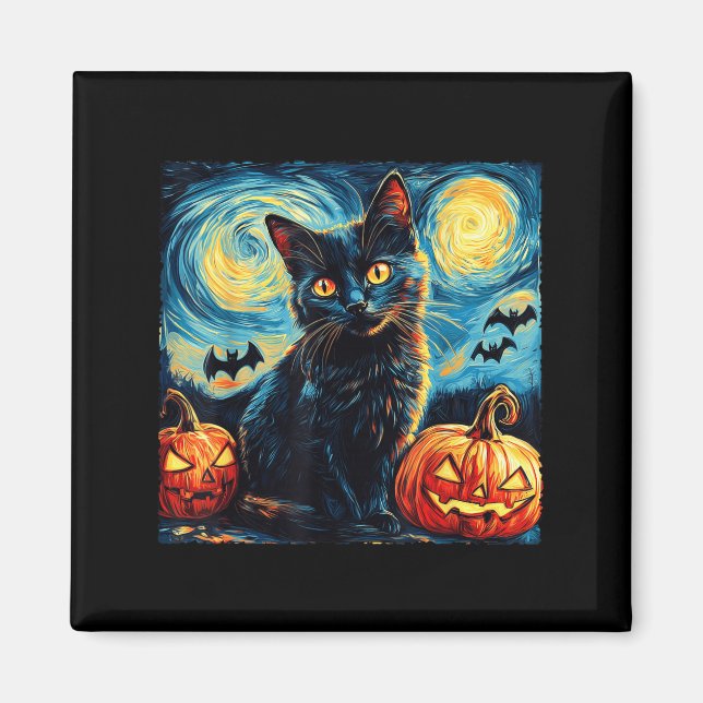 Aimant Halloween Van Gogh Nuit Étoilée Chat Noir Citrouil (Devant)