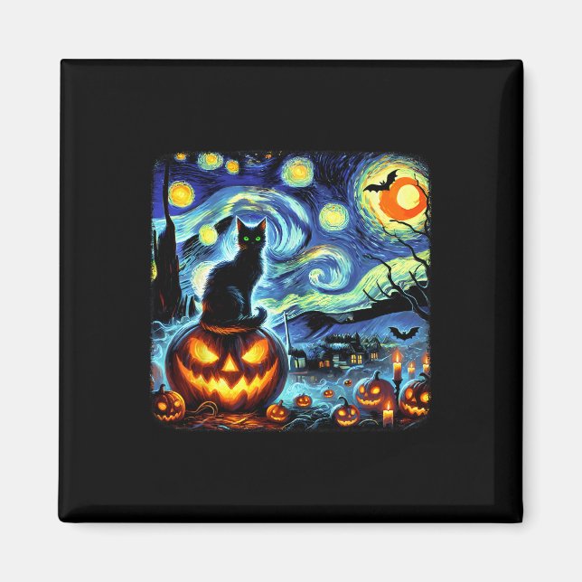 Aimant Halloween Van Gogh Starry Night Chat noir Citrouil (Devant)
