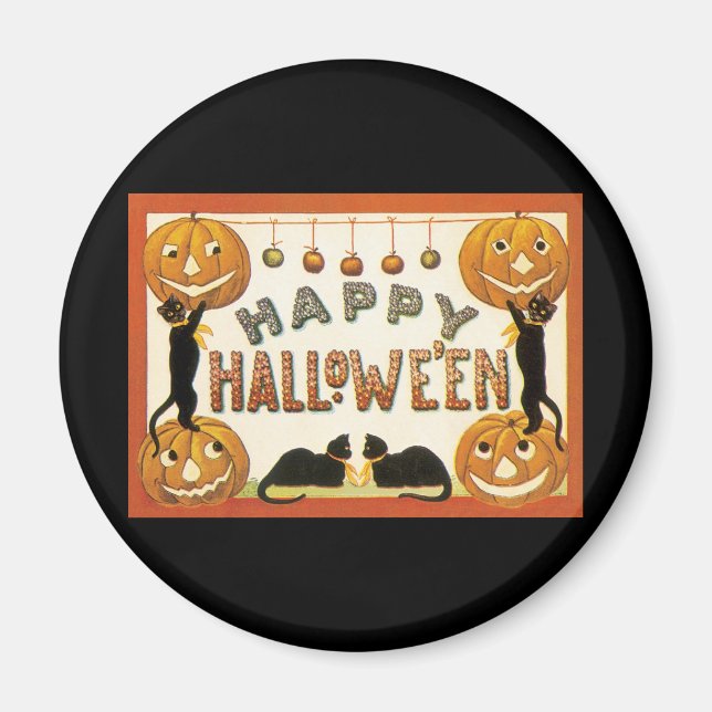 Aimant Halloween vintage, Chats noirs avec Jackolanterns (Devant)
