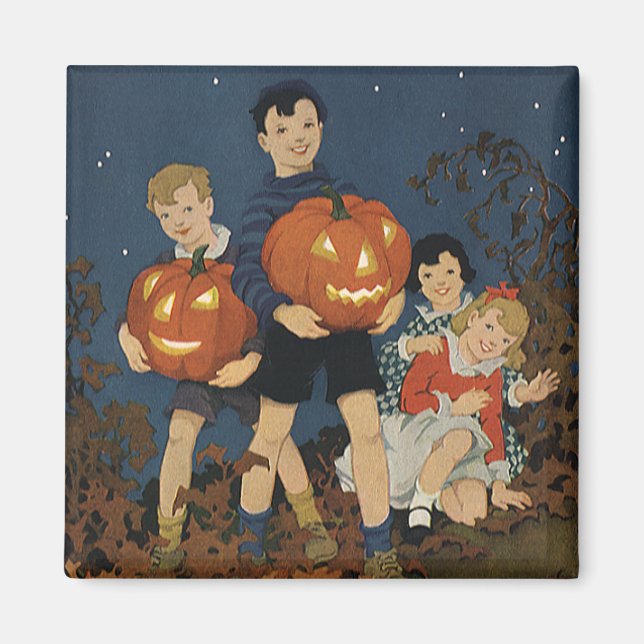 Aimant Halloween vintage, Enfants tenant des Citrouilles (Devant)