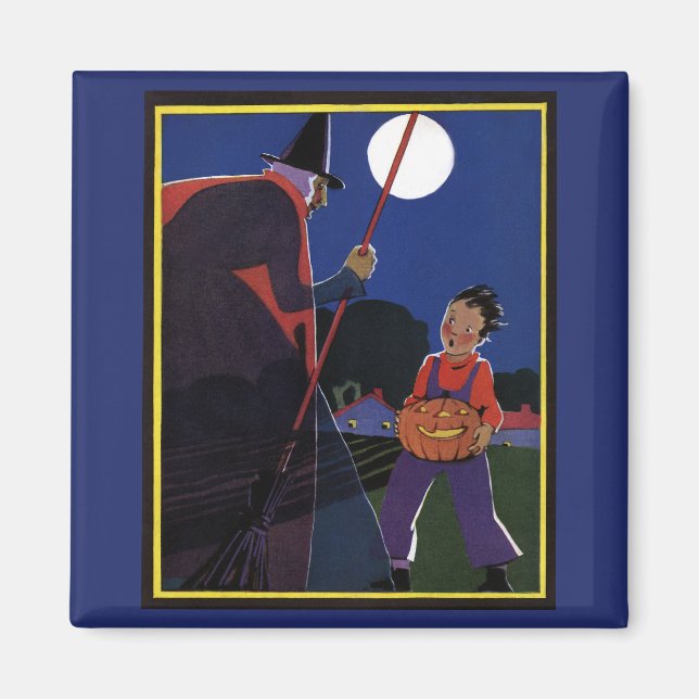 Aimant Halloween vintage, sorcière effrayante avec garçon (Devant)