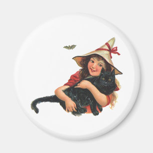 Aimant Halloween vintage, sorcière fille avec chat noir