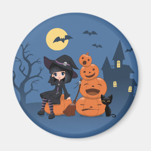 Aimant Halloween Witch, Chat noir et Citrouille