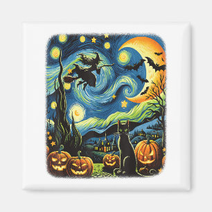 Aimant Halloween Witch Van Gogh Starry Night Black Cat Pu