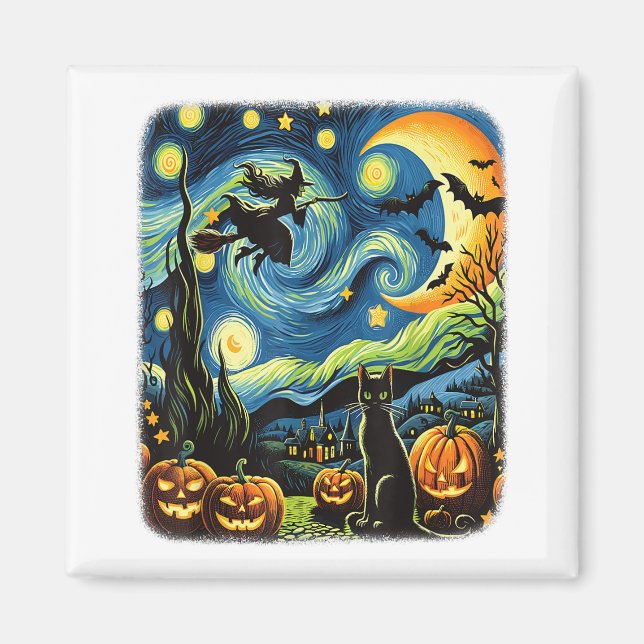 Aimant Halloween Witch Van Gogh Starry Night Black Cat Pu (Devant)