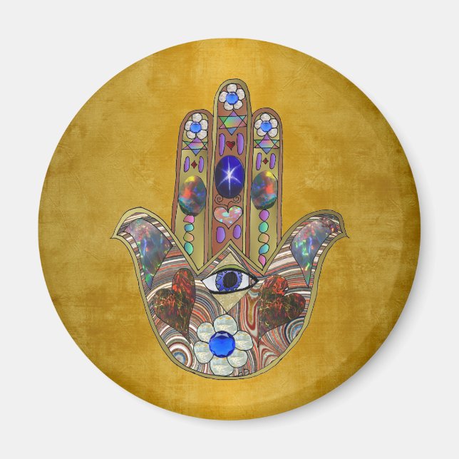 Aimant Hamsa Cœurs Fleurs Opale Art sur Or (Devant)