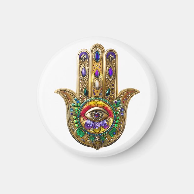 Aimant Hamsa en or peint Améthyste Rubis Troisième Œil (Devant)