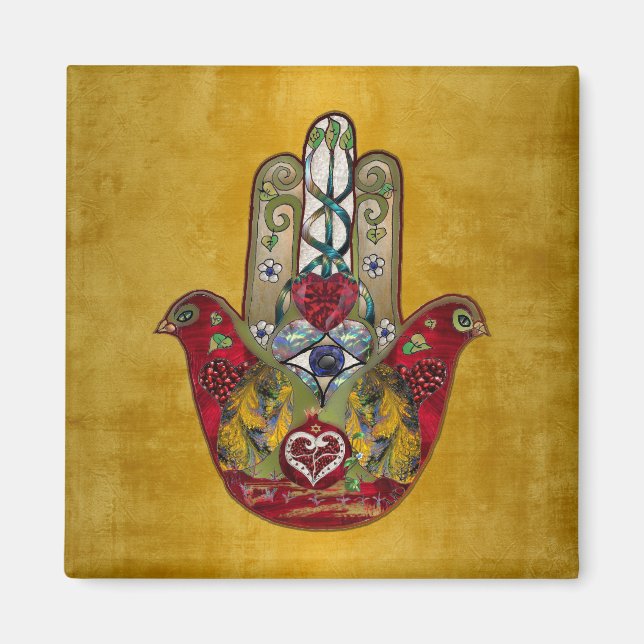 Aimant Hamsa Rouge Oiseau Cœur Grenade Rubis (Devant)