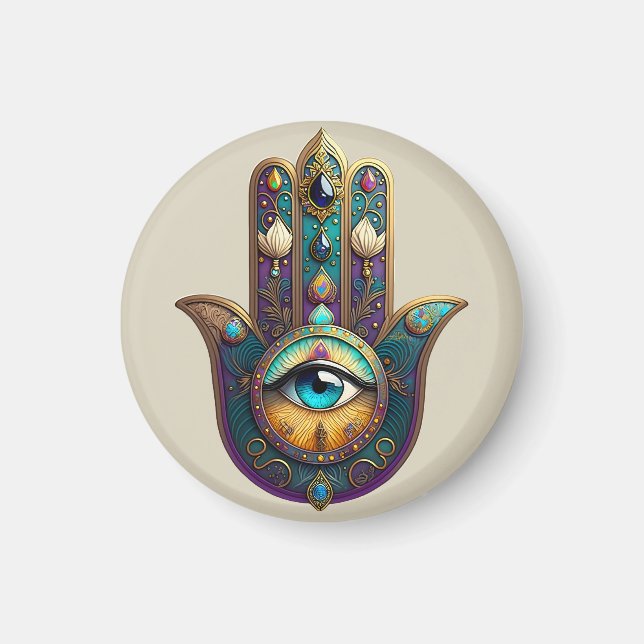 Aimant Hamsa Violet Turquoise avec Troisième Œil Sarcelle (Devant)