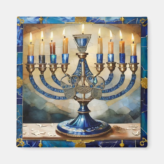 Aimant Hanoukka bleue Menorah (Devant)