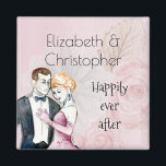 Aimant Happily Ever After Vintage Wedding Couple<br><div class="desc">A cute magnet with a retro vintage style, personalized with your name(s) and text that says happily ever after. An elegant illustration set on a pink background with faded pink roses. A fancy wedding couple illustration in a loving embrace painted with watercolors. Chic and classy with a shabby old fashioned...</div>