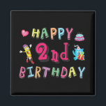 Aimant Happy 2nd Birthday. 2 year b-day.<br><div class="desc">Happy 2nd Birthday. Funny and cute Birthday design with lovely teddy bear holding a gift and a funny pencil writing the birthday wishes. A perfect match for clothing,  shirts and accessories.</div>