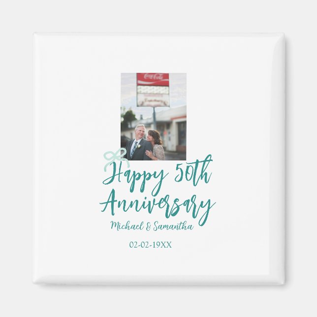 Aimant Happy 50th anniversary photo turquoise bow name da (Devant)