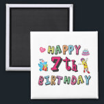 Aimant Happy 7th Birthday. 7 year old.<br><div class="desc">Happy 7th Birthday. Funny and cute Birthday design with lovely teddy bear holding a gift and a funny pencil writing the birthday wishes. A perfect match for clothing,  shirts and accessories.</div>