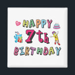 Aimant Happy 7th Birthday. 7 year old.<br><div class="desc">Happy 7th Birthday. Funny and cute Birthday design with lovely teddy bear holding a gift and a funny pencil writing the birthday wishes. A perfect match for clothing,  shirts and accessories.</div>