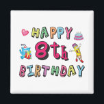 Aimant Happy 8th Birthday. 8 year b-day.<br><div class="desc">Happy 8th Birthday. Funny and cute Birthday design with lovely teddy bear holding a gift and a funny pencil writing the birthday wishes. A perfect match for clothing,  shirts and accessories.</div>